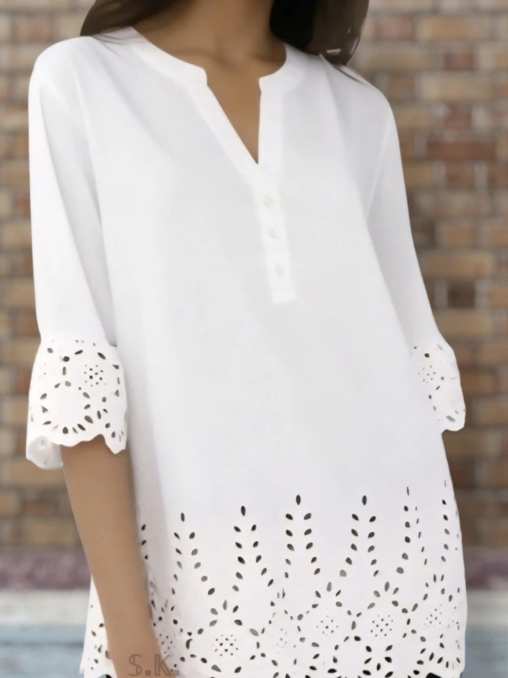 White Eyelet Hem and Sleeve Tunic Top - Elegant Women's Shirt